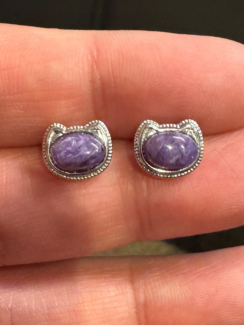 CHAROITE 925 Sterling Cat Ear Stud Earrings with Purple Stone